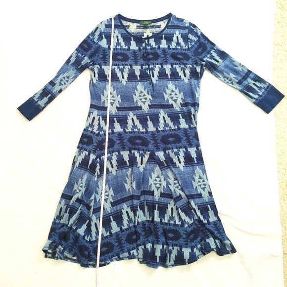 LRL Lauren Ralph Lauren Aztec Southwestern Dress Blue Cotton - Picture 8 of 10